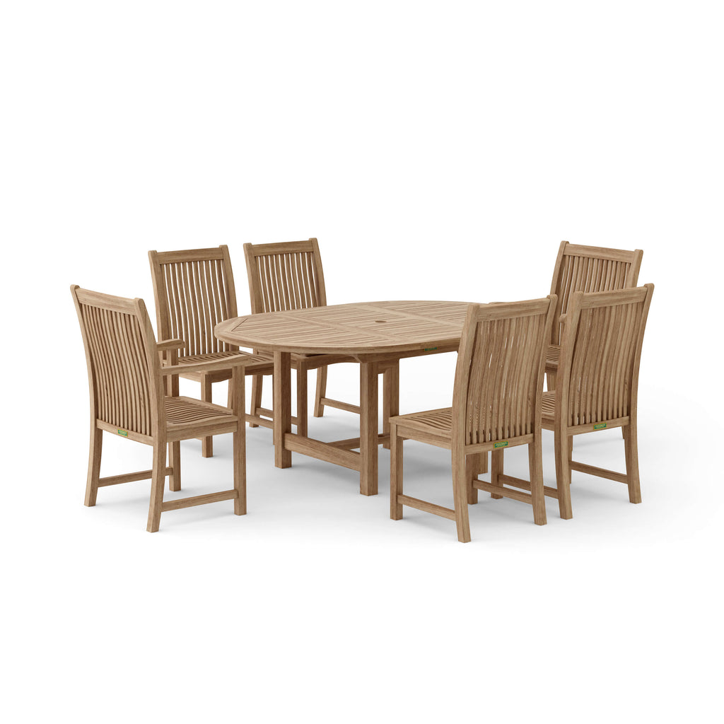 Studio view on white of the Bahama Chicago set: oval teak extension table with center umbrella hole, two teak armchairs and four side chairs