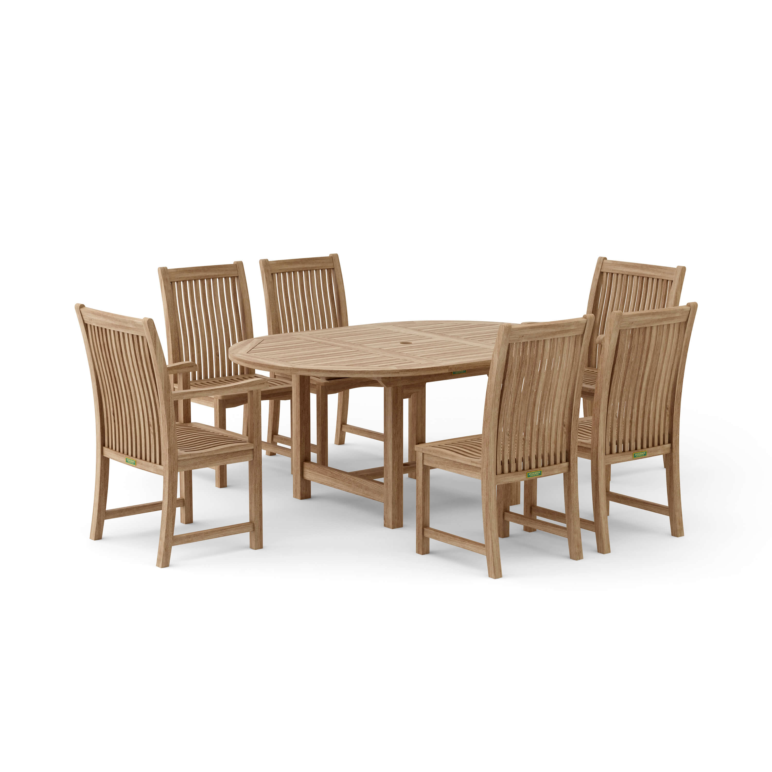 Studio view on white of the Bahama Chicago set: oval teak extension table with center umbrella hole, two teak armchairs and four side chairs