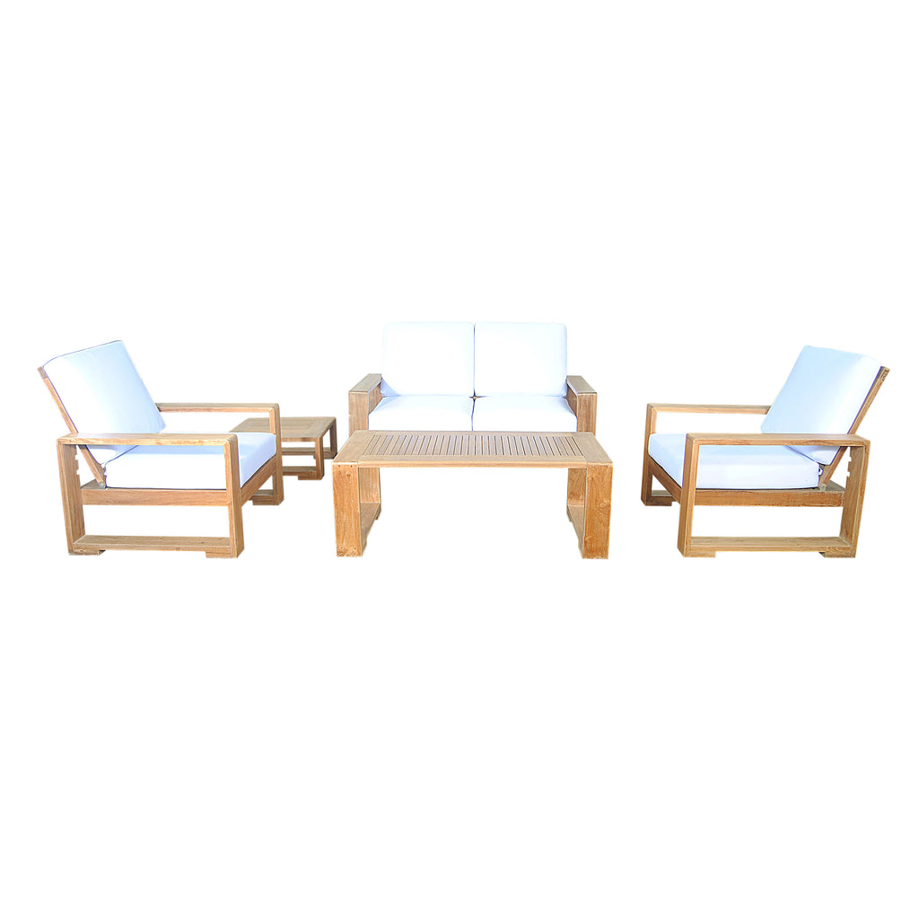 Teak loveseat and two armchairs with light cushions arranged around a square outdoor coffee table.