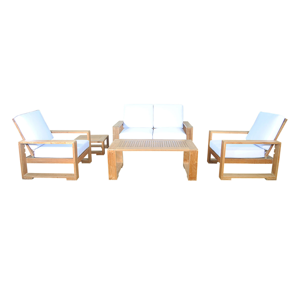 Teak loveseat and two armchairs with light cushions arranged around a square outdoor coffee table.