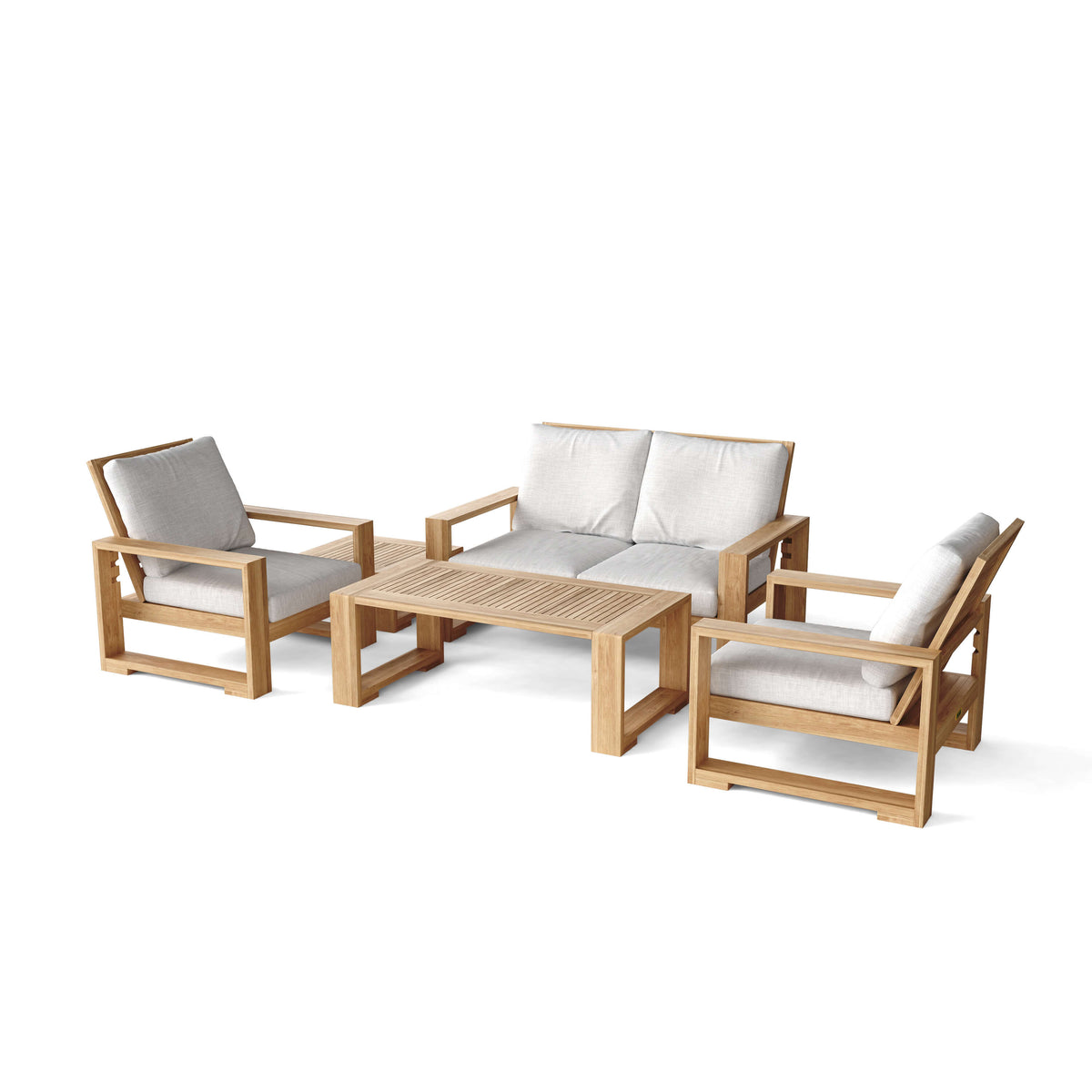 Angled view of a teak loveseat, two armchairs and coffee table with light cushions.