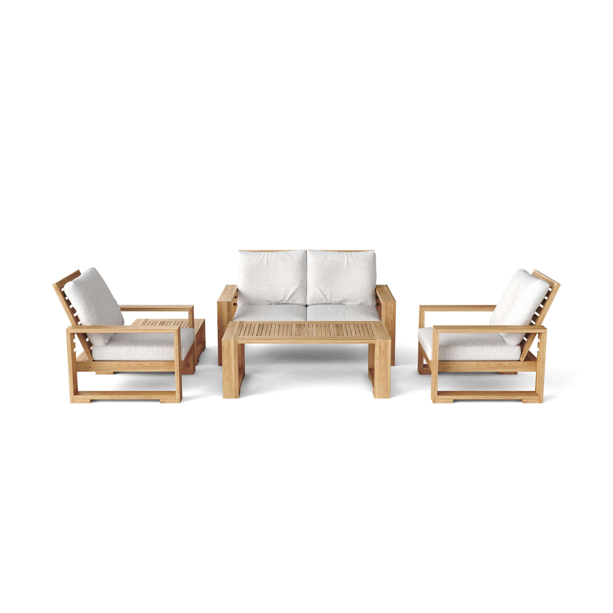 Front view of a teak loveseat conversation set for four with light cushions and a coffee table.