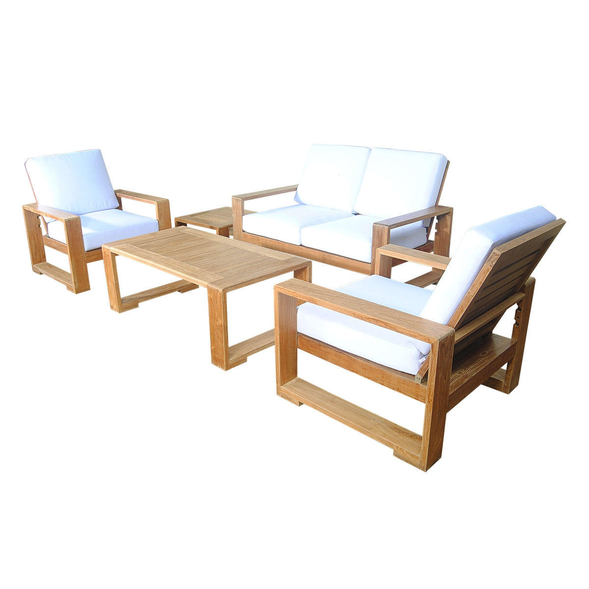 Side view of a teak outdoor loveseat set with two cushioned armchairs and a coffee table.