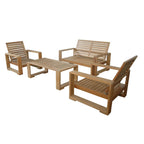 Teak loveseat conversation set shown without cushions, revealing slatted seats and backs.