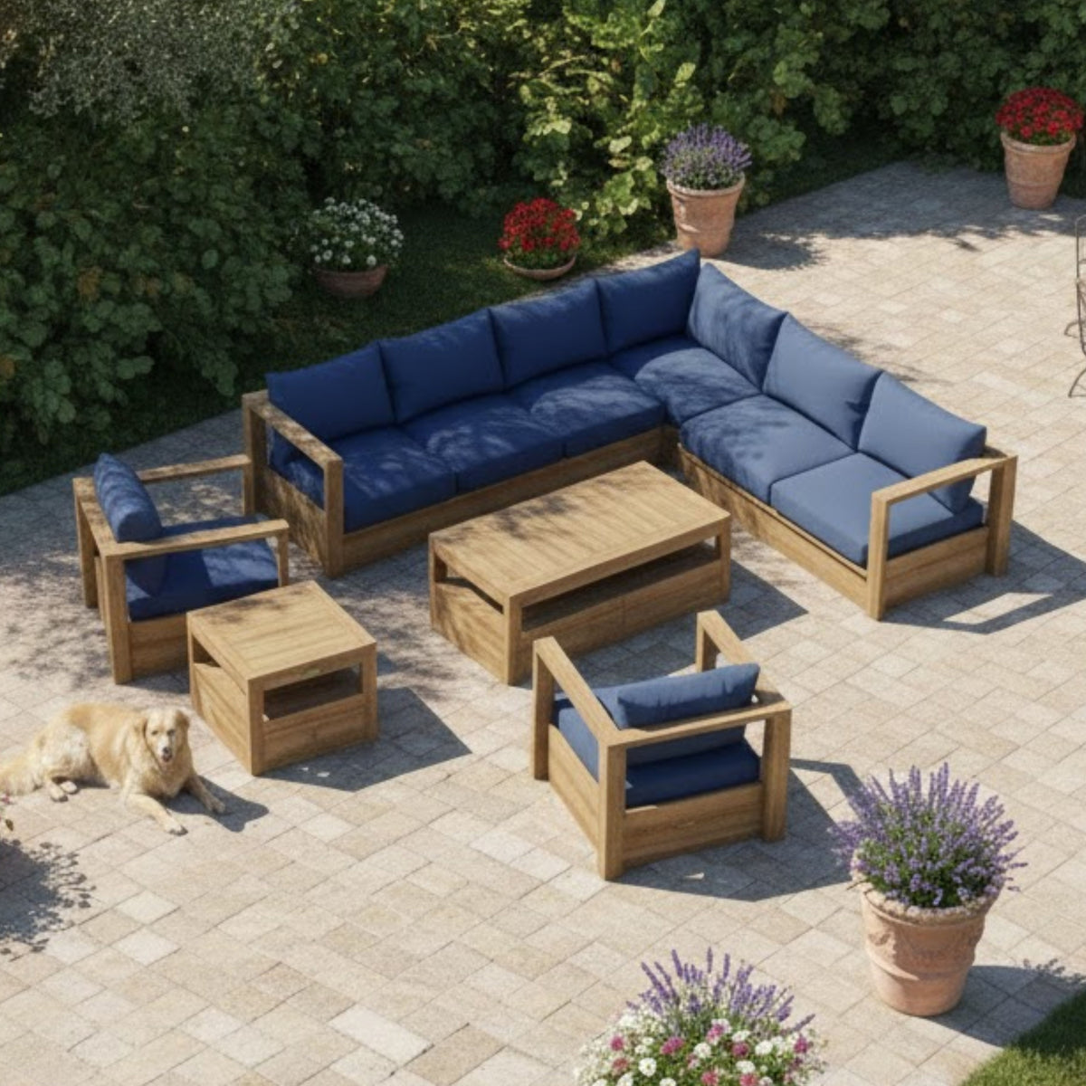 Overhead view of the Copacabana modular teak sectional with two armchairs, coffee table and side table