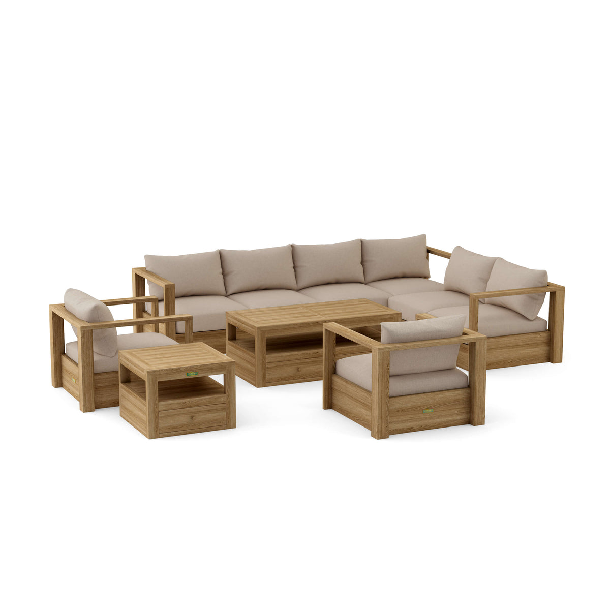 Set 153 Copacabana seven-piece modular teak deep seating set in Cast Ash cushion fabric