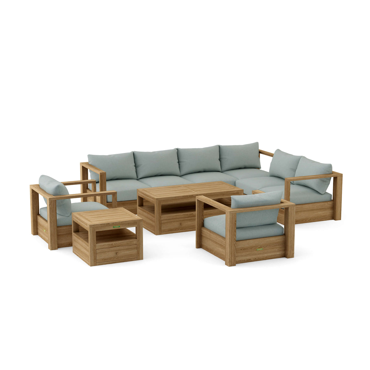 Set 153 Copacabana seven-piece modular teak deep seating set in Cast Mist cushion fabric