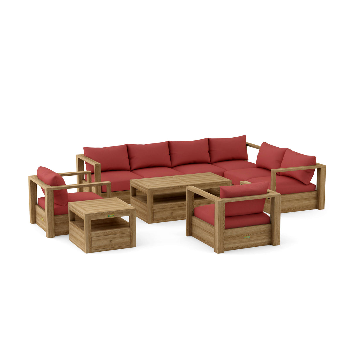 Set 153 Copacabana seven-piece modular teak deep seating set in Cast Pomegranate cushion fabric
