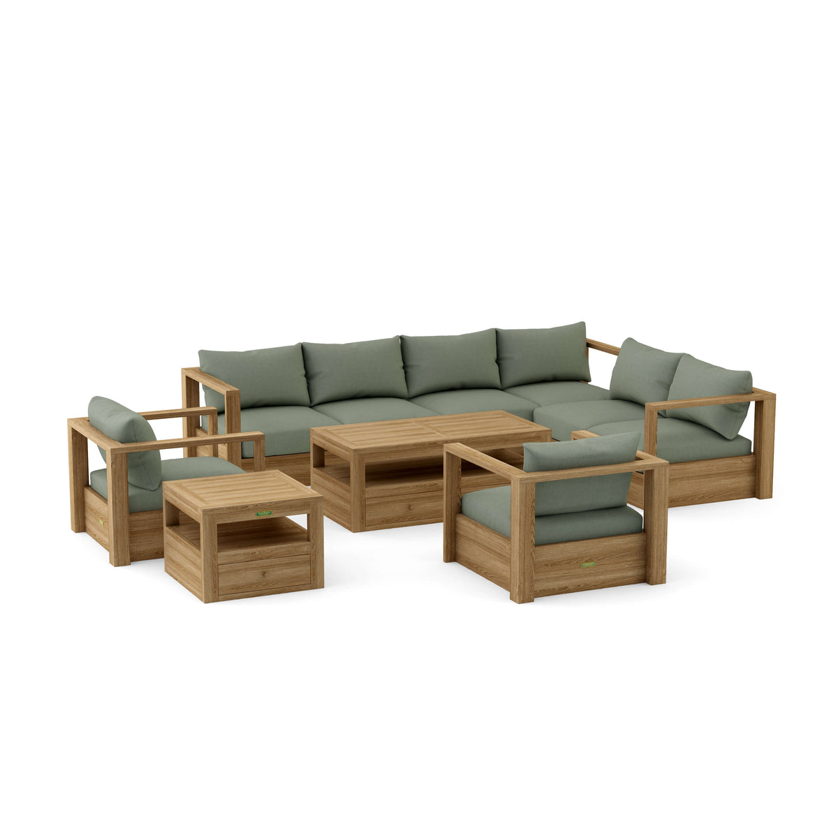 Set 153 Copacabana seven-piece modular teak deep seating set in Cast Sage cushion fabric