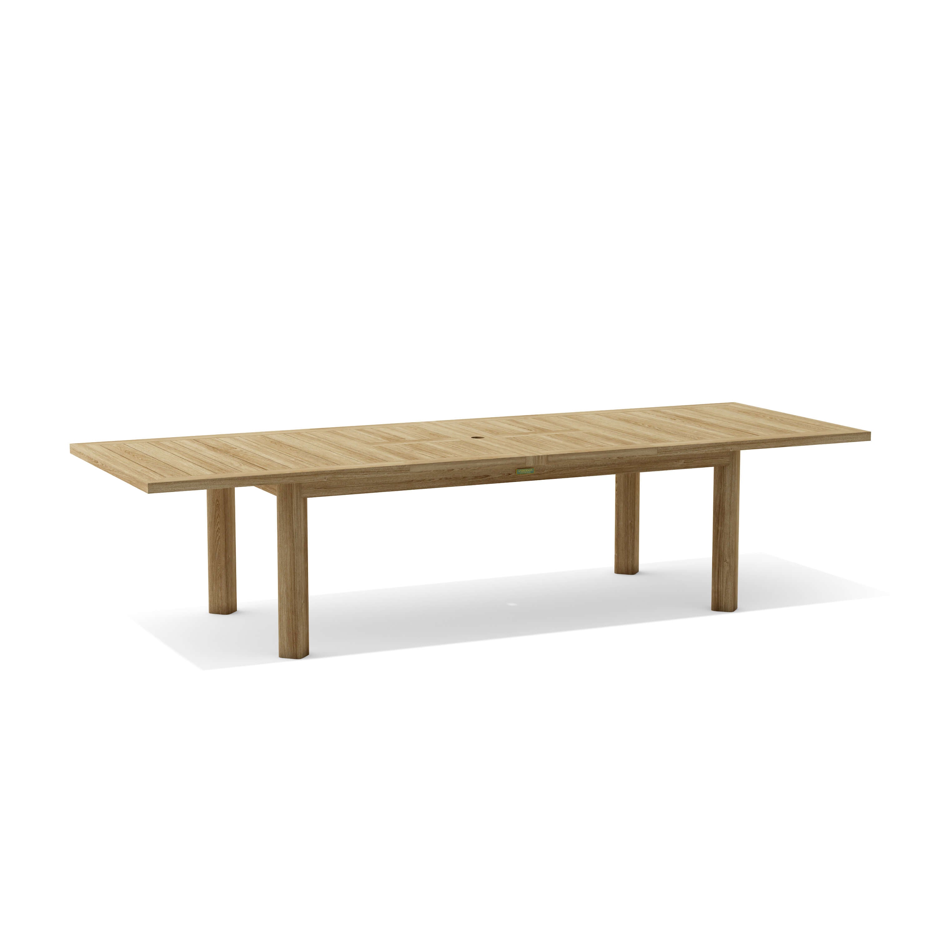 SET-320 Chelsea double-extension teak dining table, angled studio view