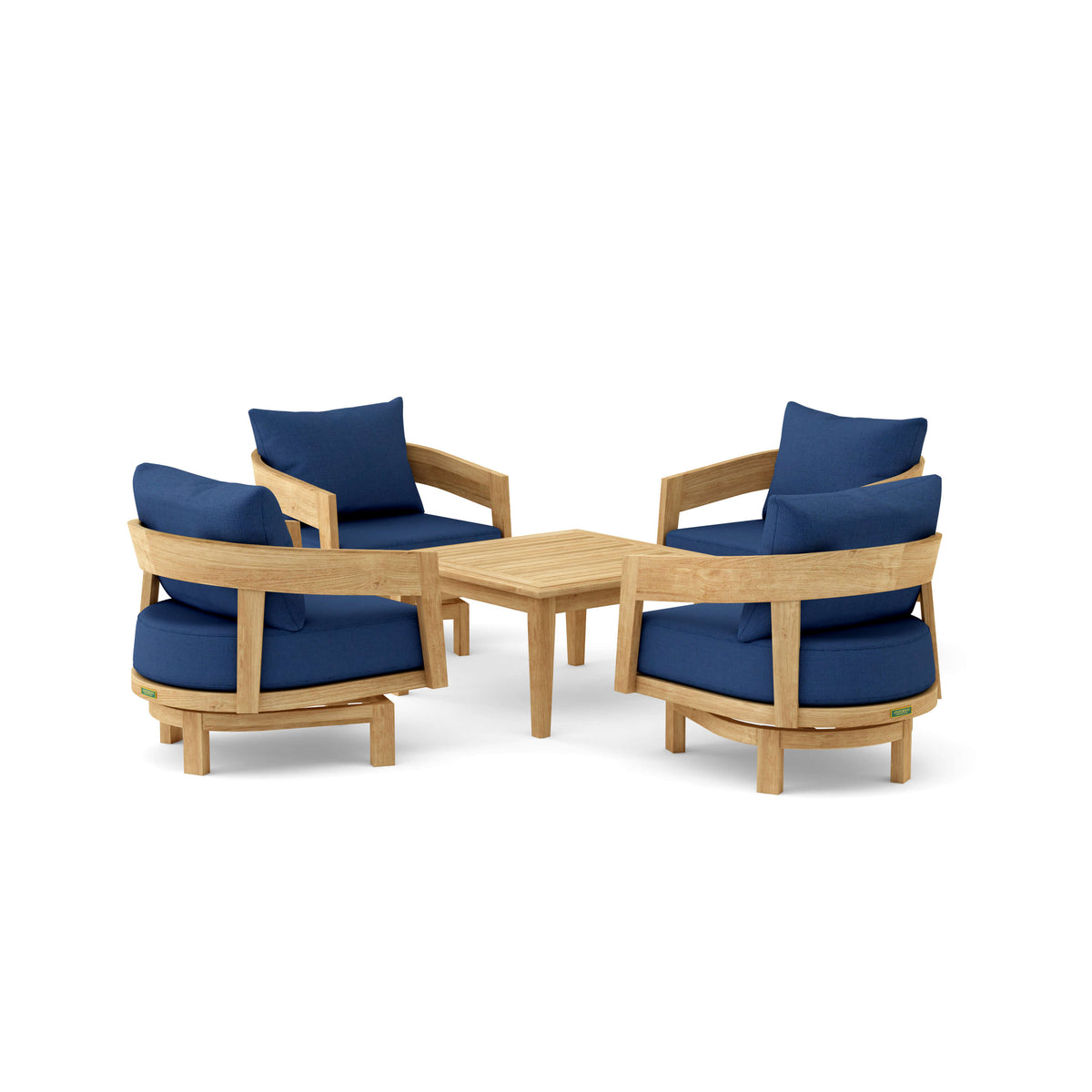 Set 371 Toscana five-piece teak swivel conversation set in Canvas Navy cushion fabric
