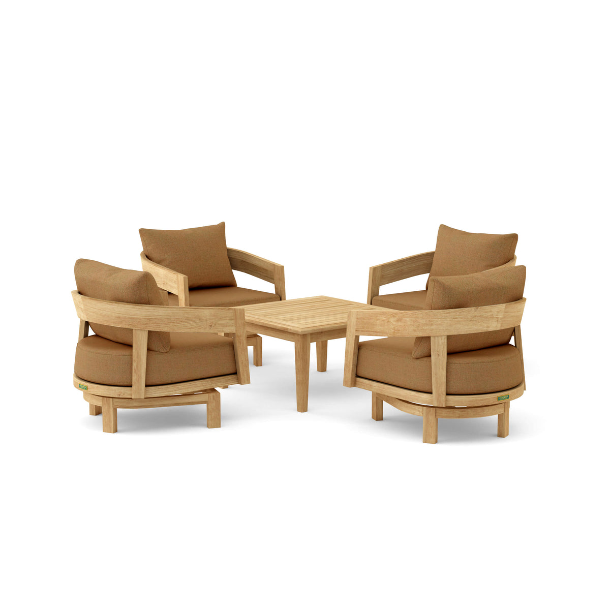 Set 371 Toscana five-piece teak swivel conversation set in Canvas Teak cushion fabric