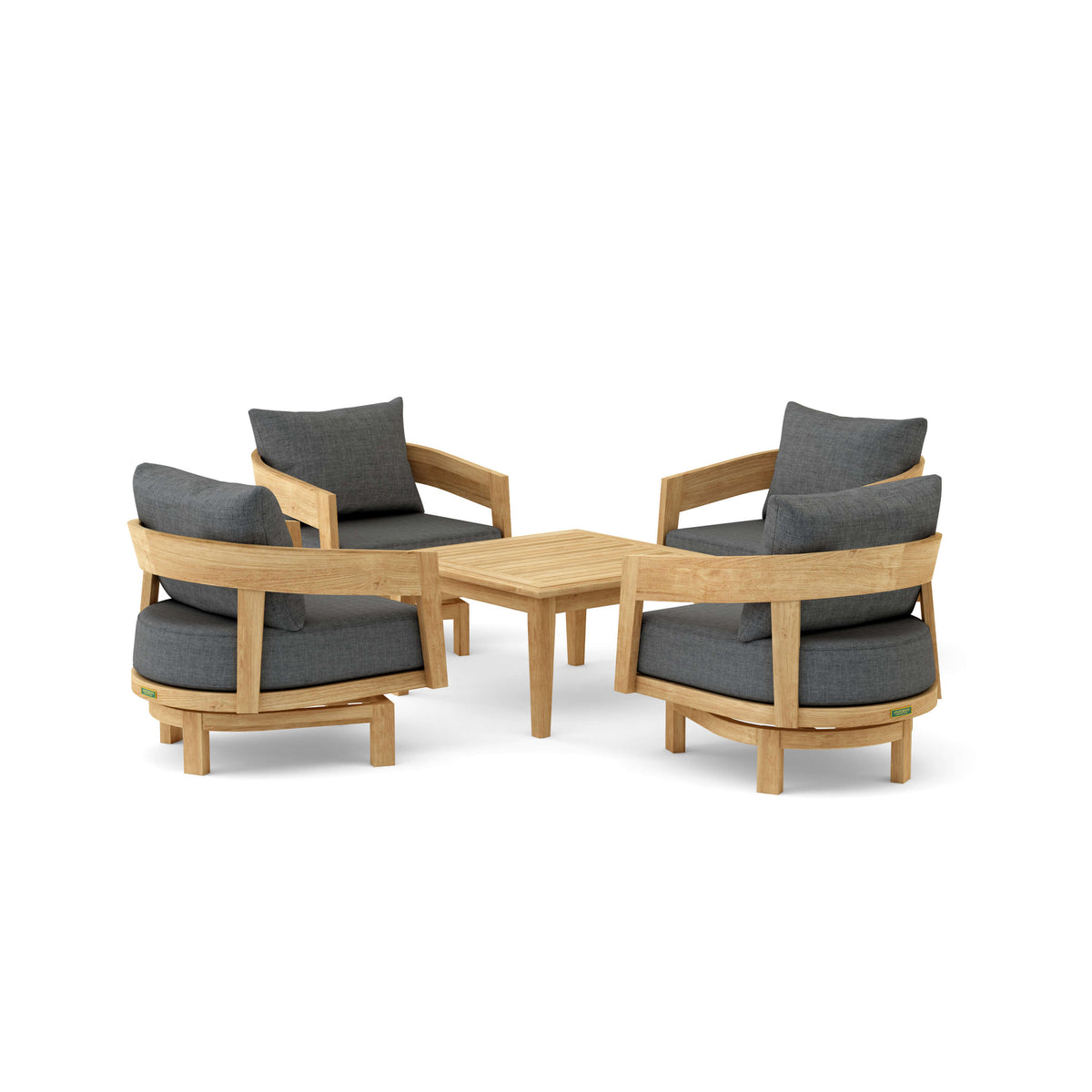 Set 371 Toscana five-piece teak swivel conversation set in Cast Charcoal cushion fabric