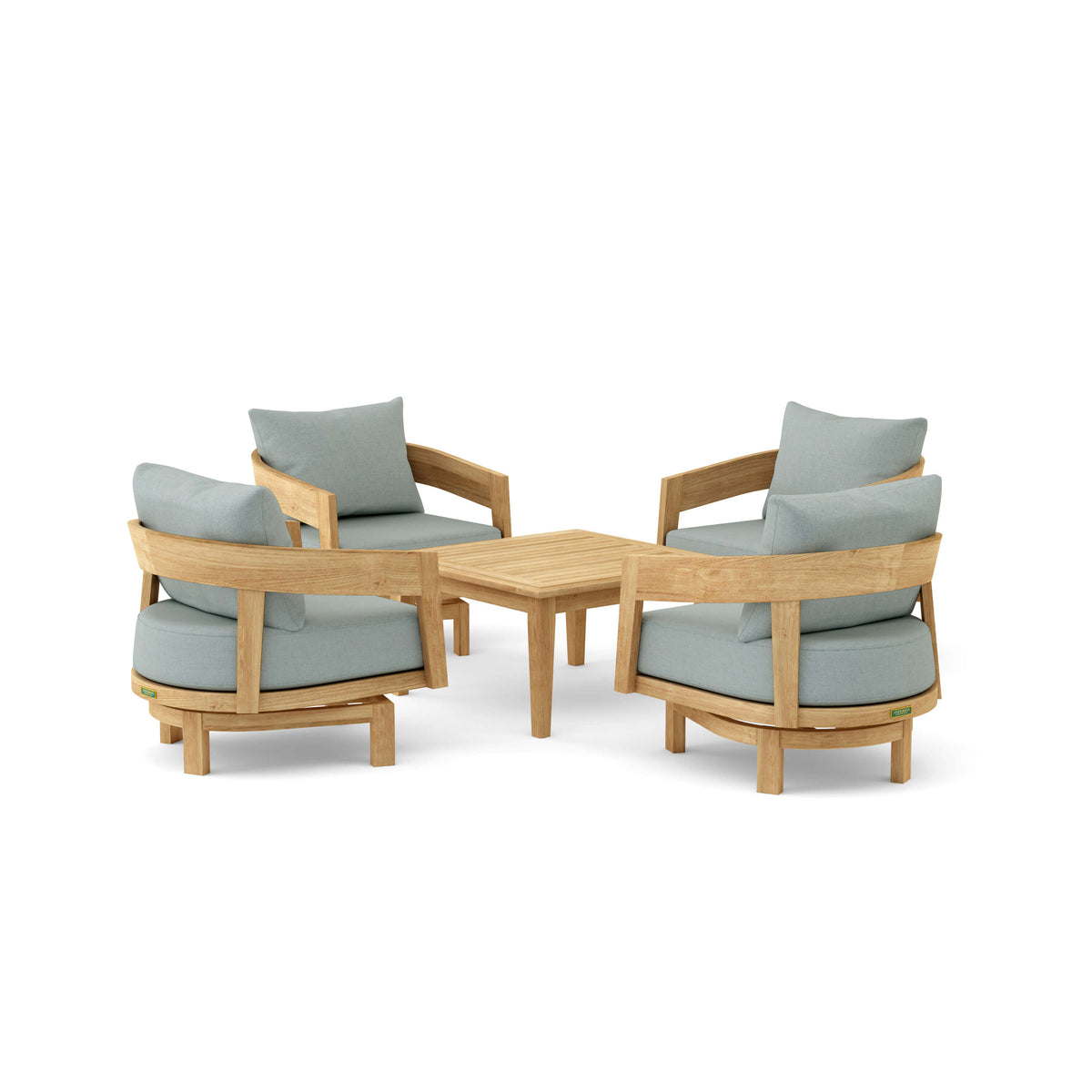 Set 371 Toscana five-piece teak swivel conversation set in Cast Mist cushion fabric