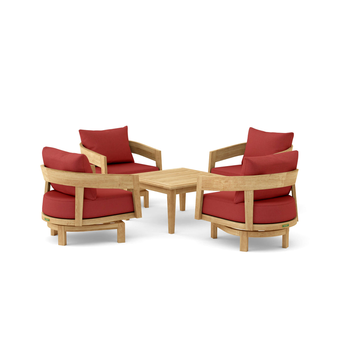 Set 371 Toscana five-piece teak swivel conversation set in Cast Pomegranate cushion fabric