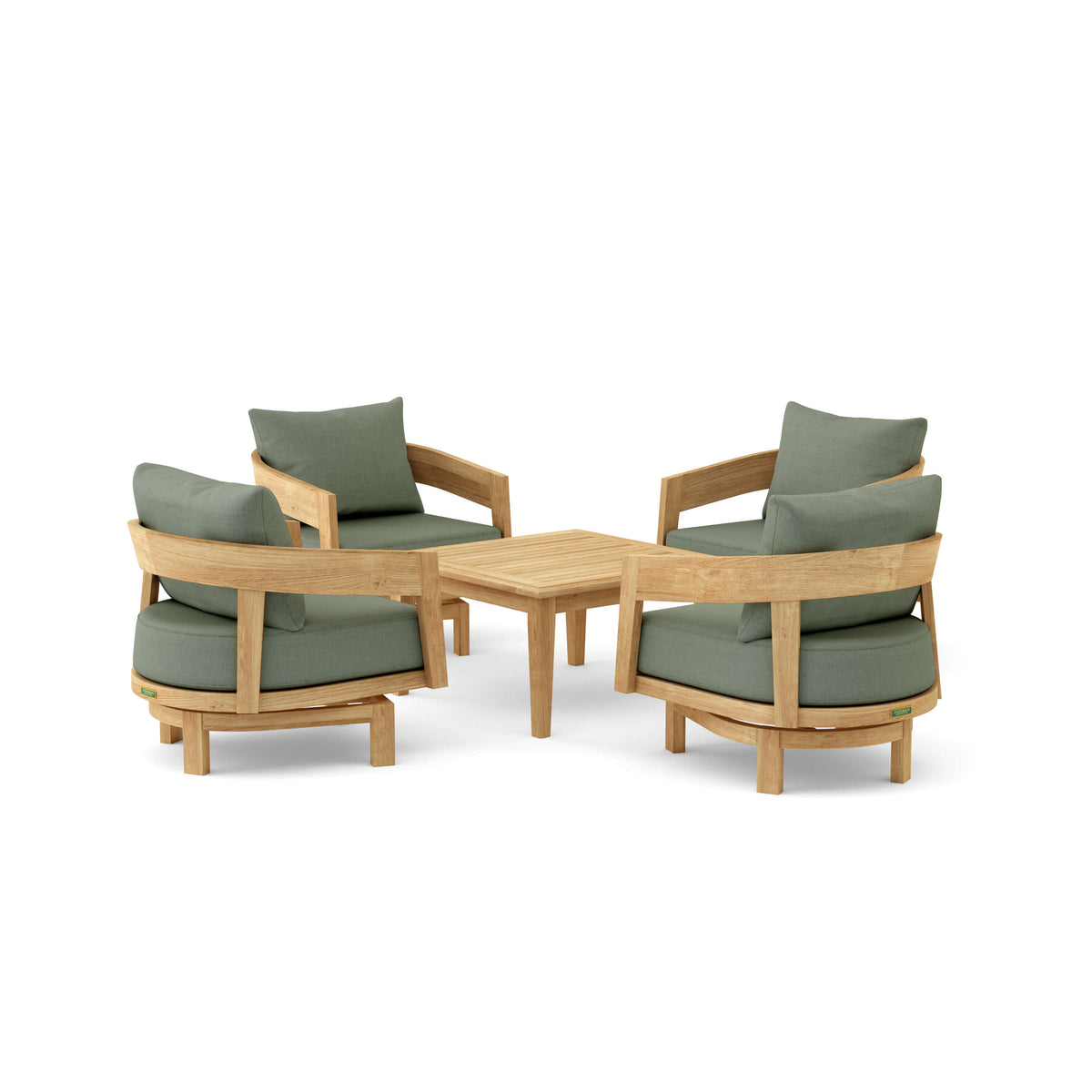 Set 371 Toscana five-piece teak swivel conversation set in Cast Sage cushion fabric