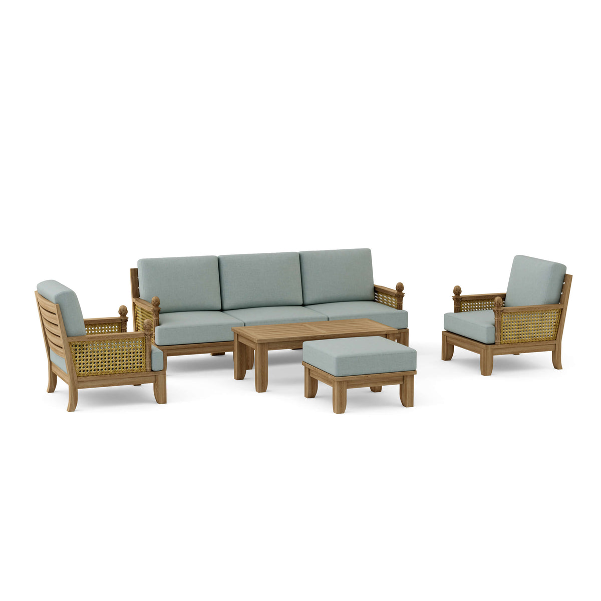 Set 68 Luxe seven-piece modular teak deep seating set in Cast Mist cushion fabric