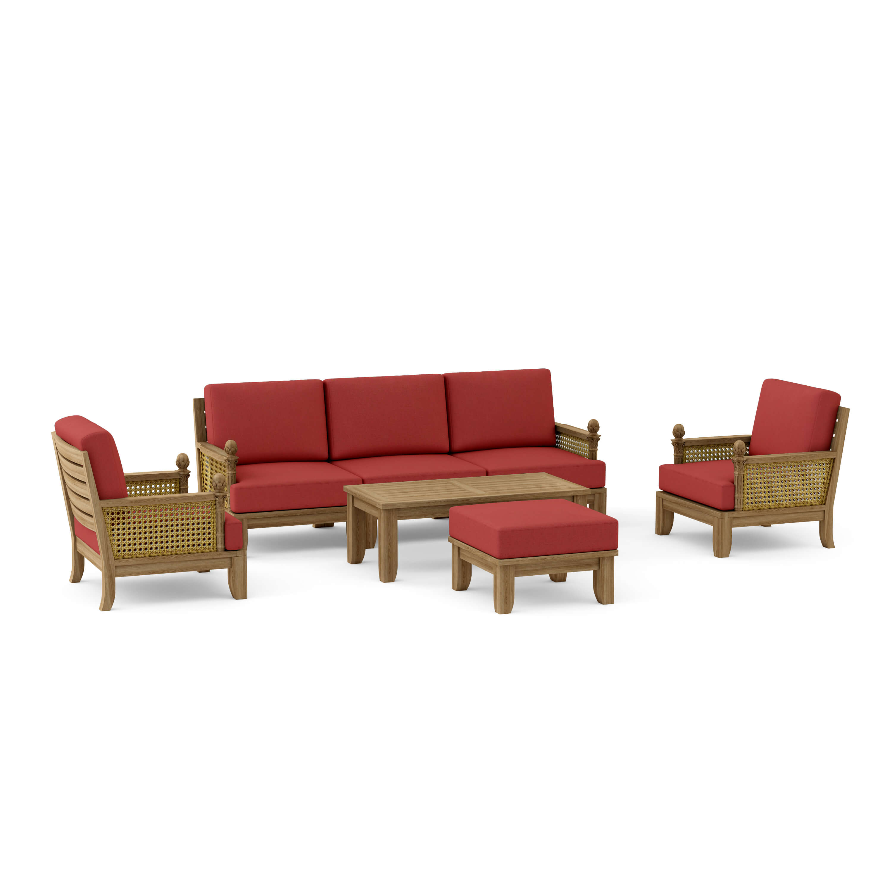 Set 68 Luxe seven-piece modular teak deep seating set in Cast Pomegranate cushion fabric