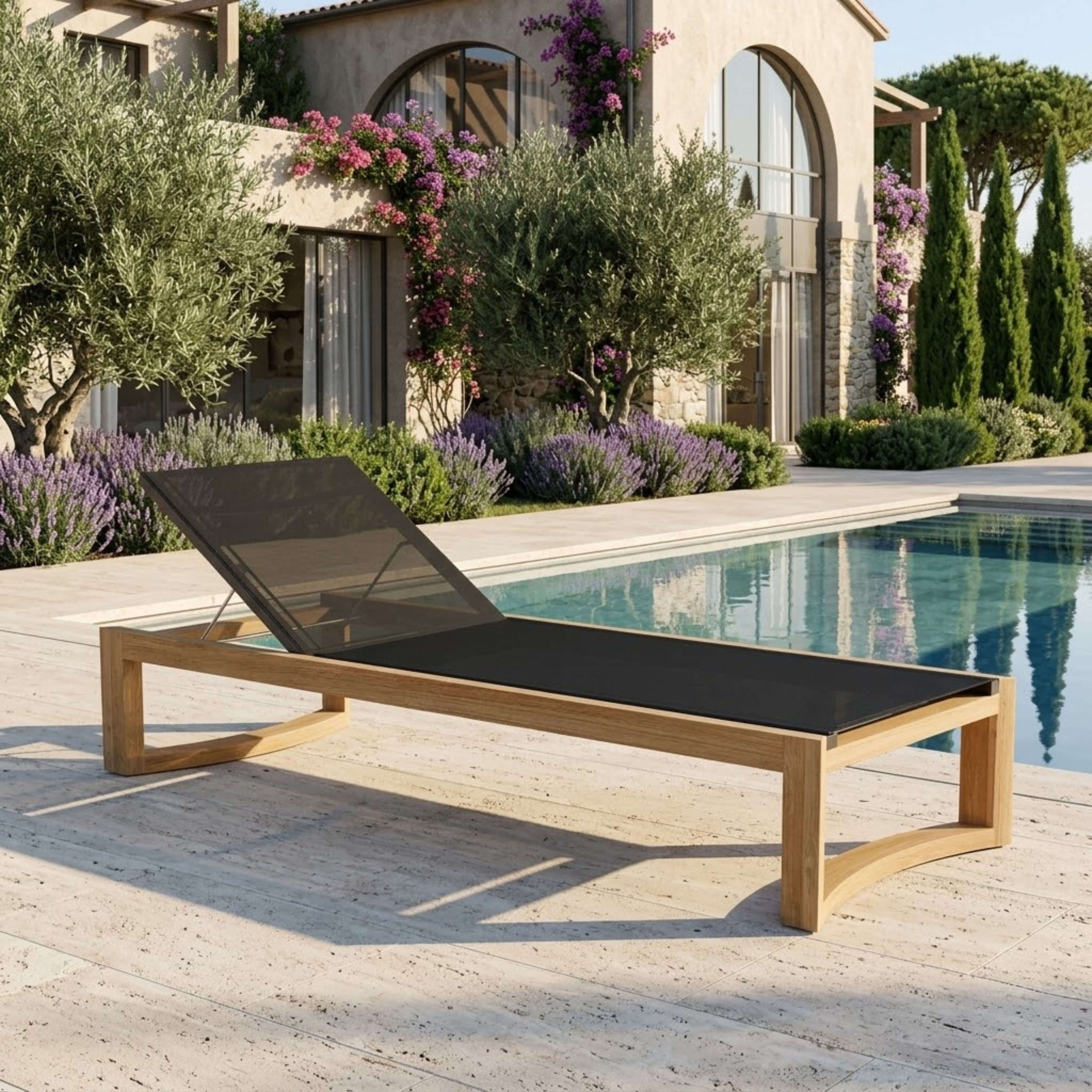 Anderson Teak SL-229 Junus sun lounger beside a swimming pool
