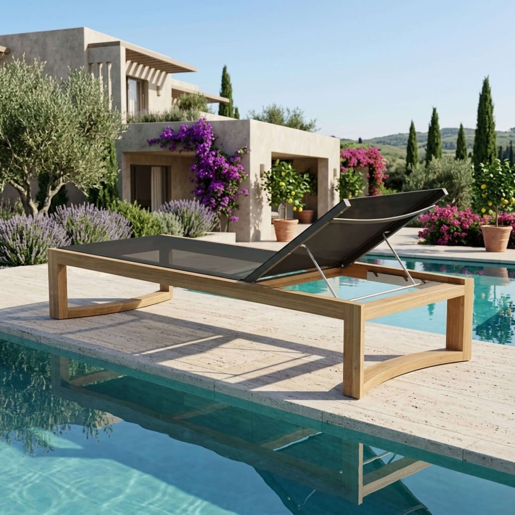 Anderson Teak SL-229 Junus sun lounger, rear poolside view