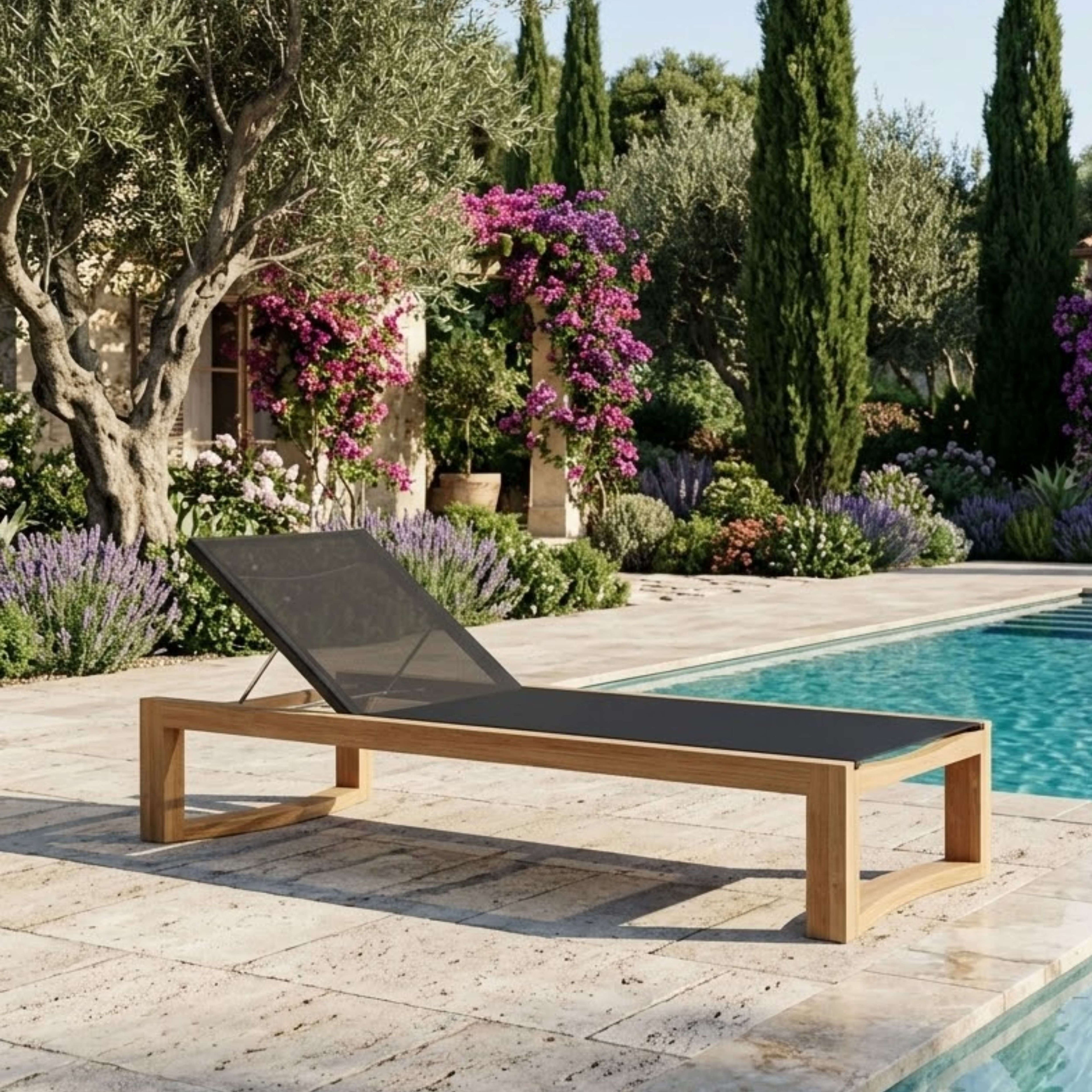 Anderson Teak SL-229 Junus sun lounger in a poolside garden setting