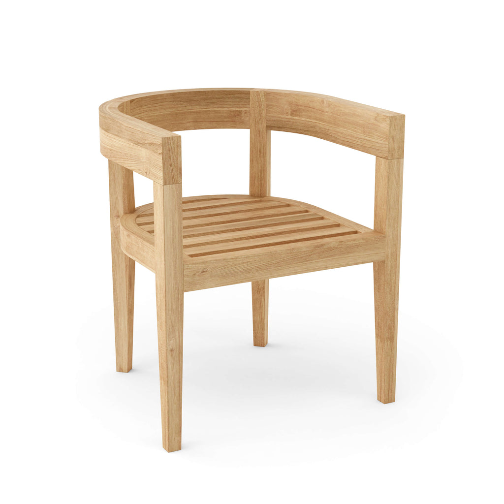Coronado teak dining armchair showing its open wooden frame and armrests without cushions.