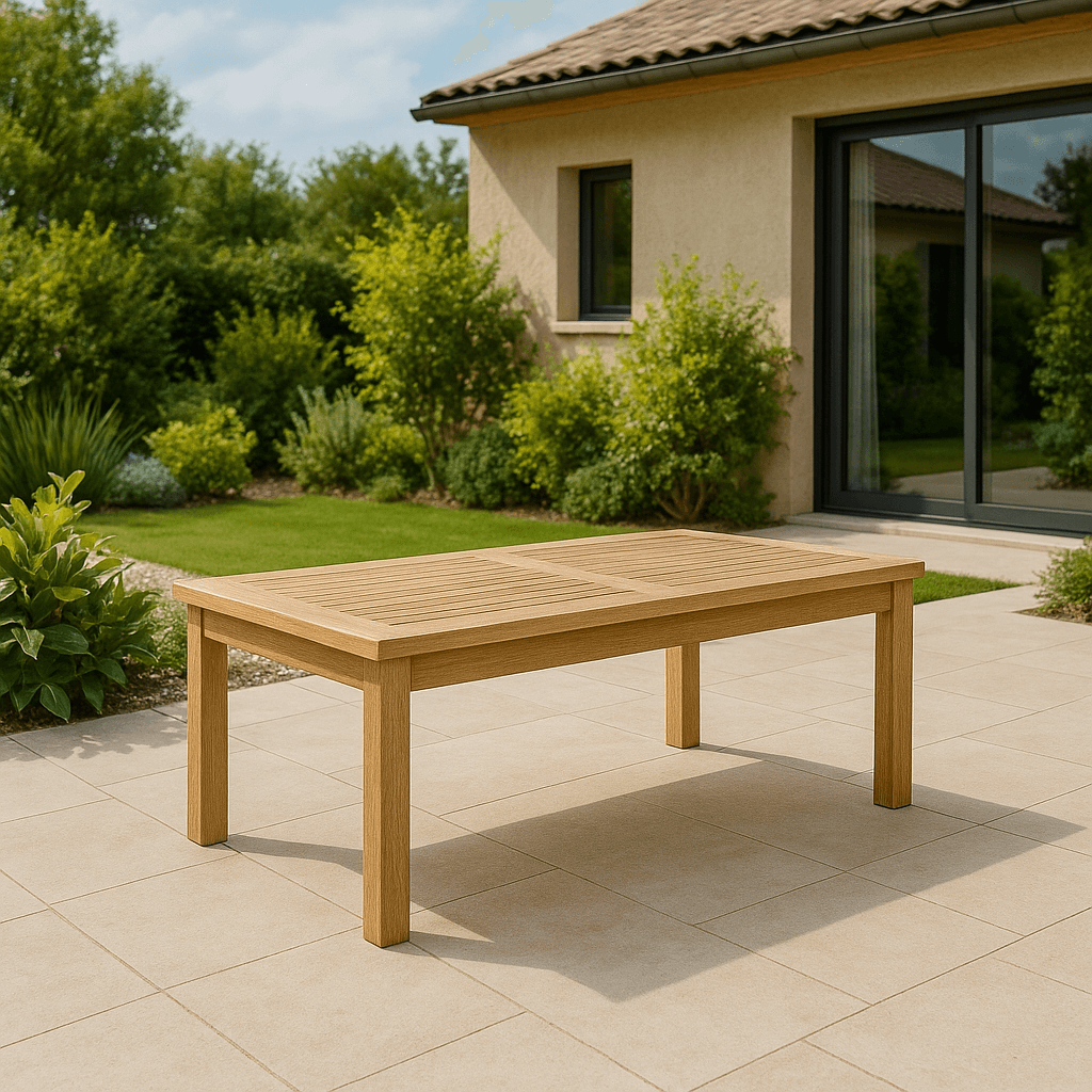 Montage rectangular teak outdoor coffee table on a stone patio beside a garden — Anderson Teak TB-4824CT