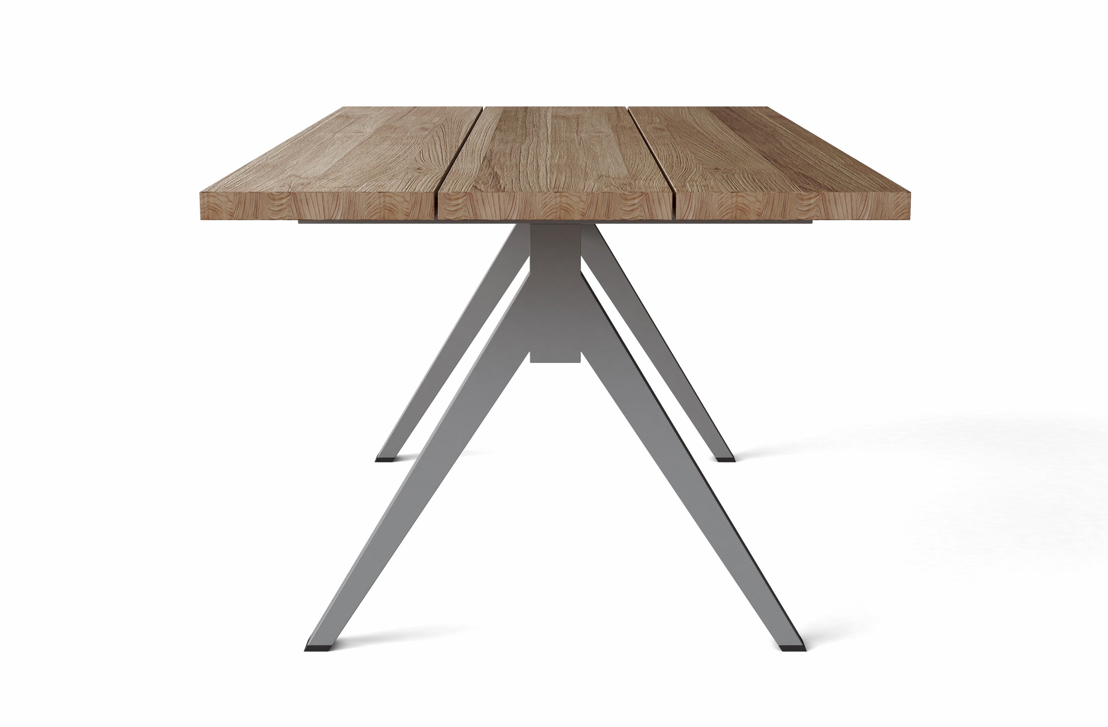 Side view of Alura teak outdoor dining table with dark gray aluminum frame — Anderson Teak TB-7939DT