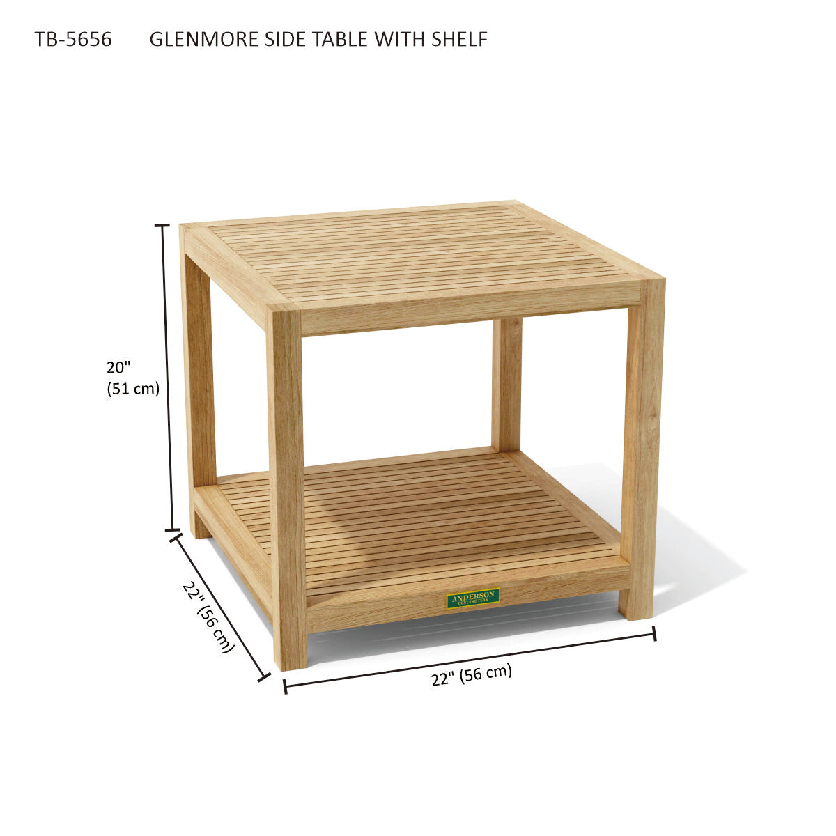 Anderson Teak TB-5656 Glenmore side table with shelf dimension diagram