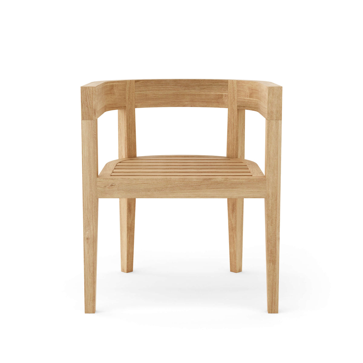 Front view of a Coronado teak dining armchair without cushions.