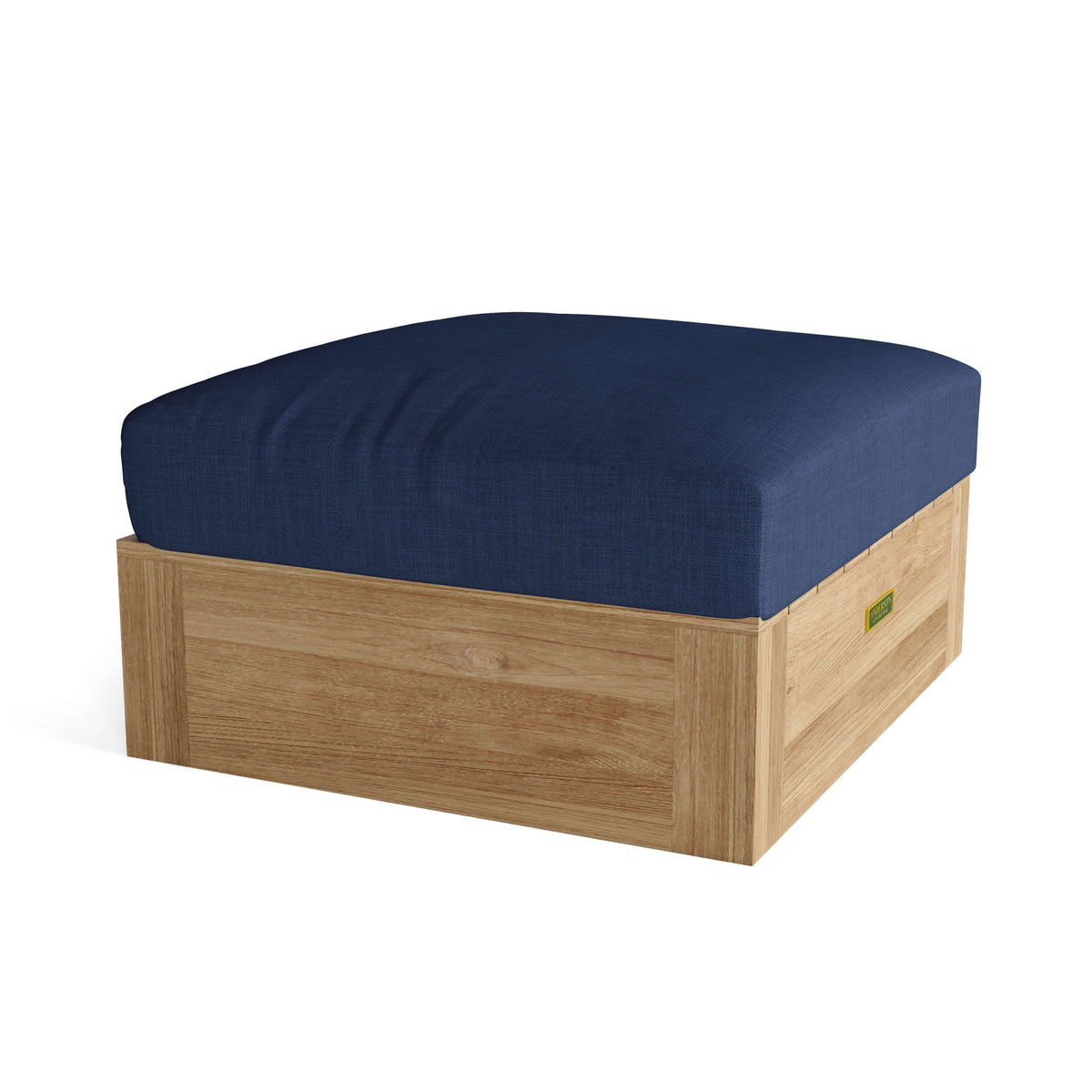 Copacabana teak ottoman with navy cushion included with Set 154, angled view