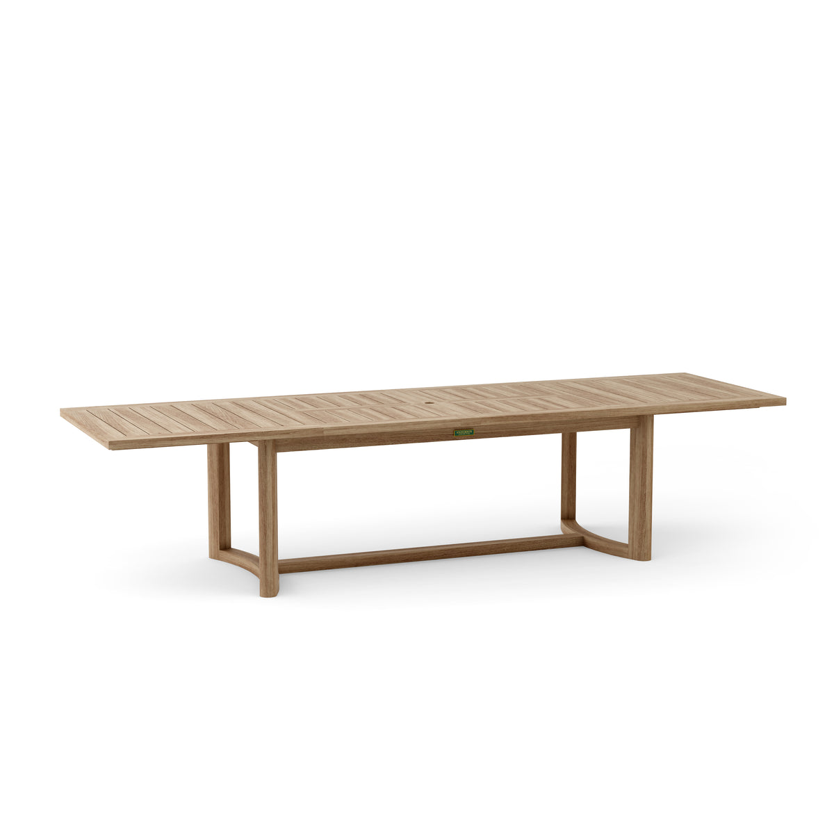Angled view of the Coronado rectangular teak dining table with extension leaves in place.