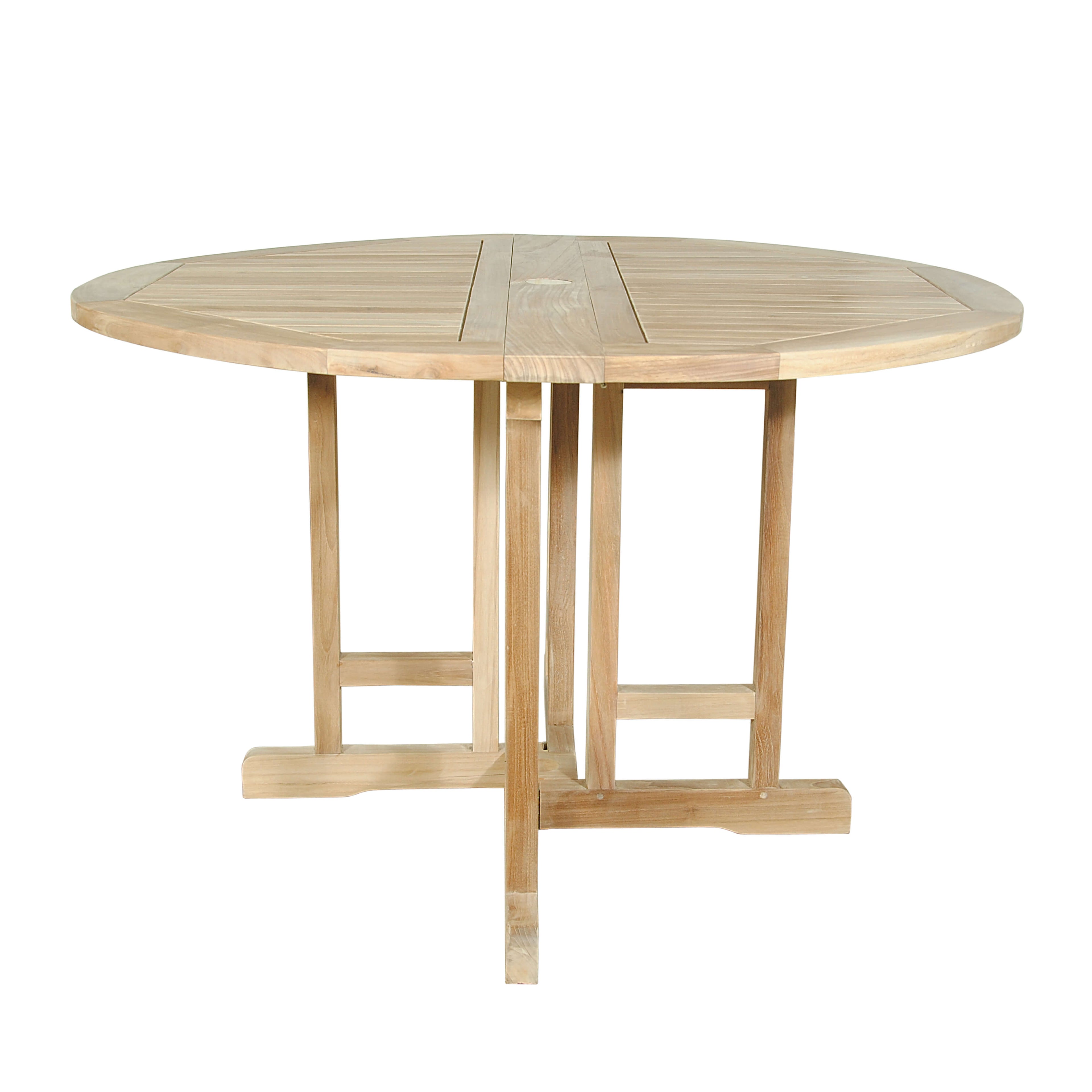 Butterfly 47-inch round folding teak table, open full-round