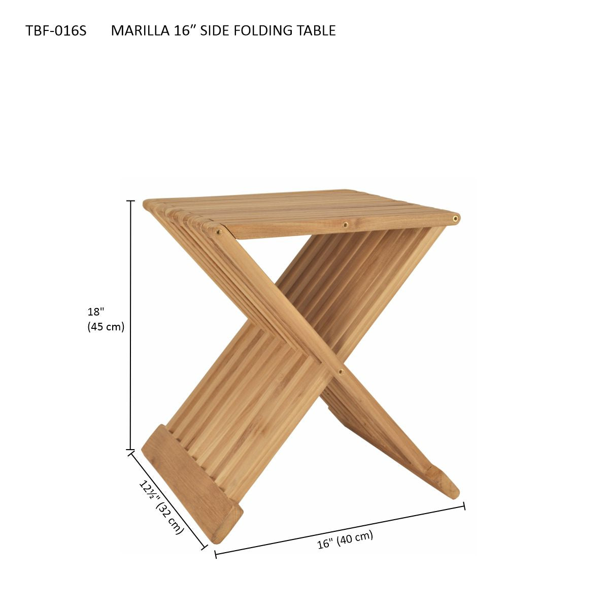 Marilla 16-inch folding teak side table dimensions