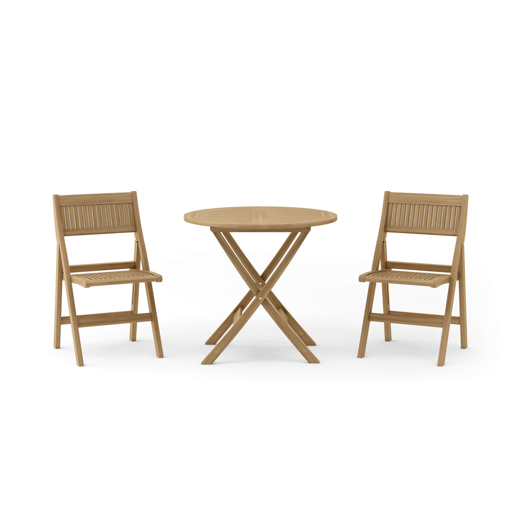 Windsor 3-Piece Round Folding Teak Bistro Set — round table with two folding chairs