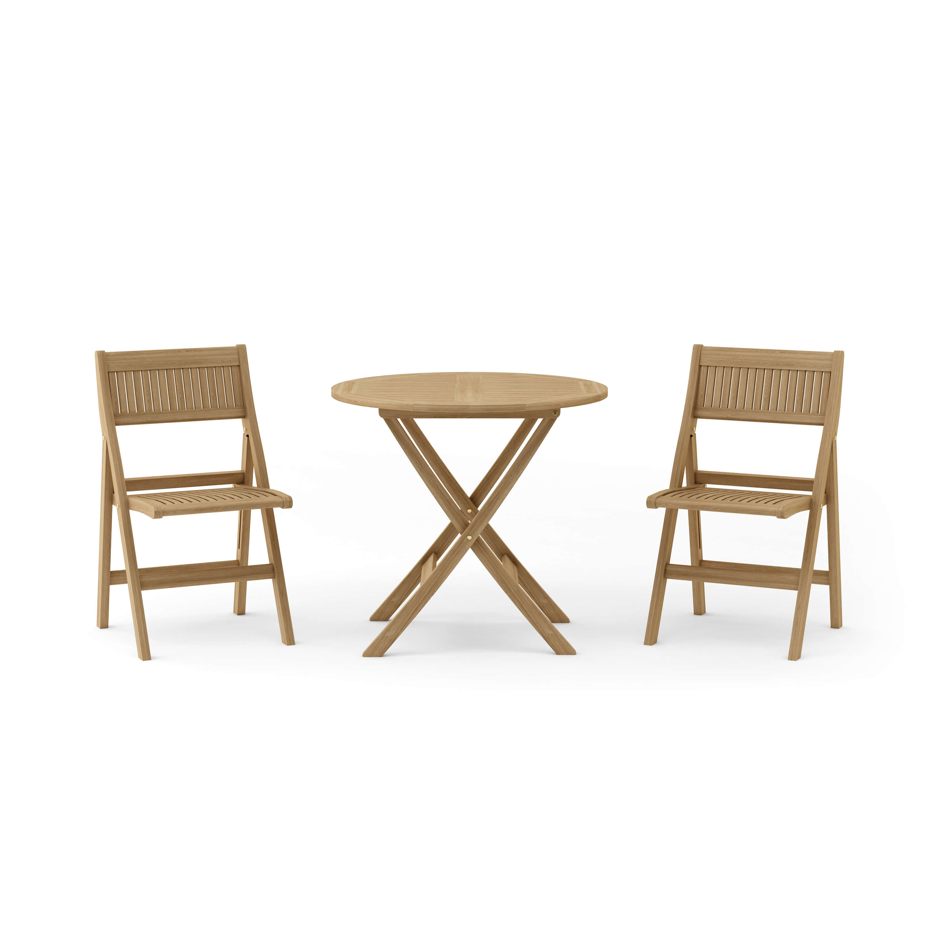 Windsor 3-Piece Round Folding Teak Bistro Set — round table with two folding chairs