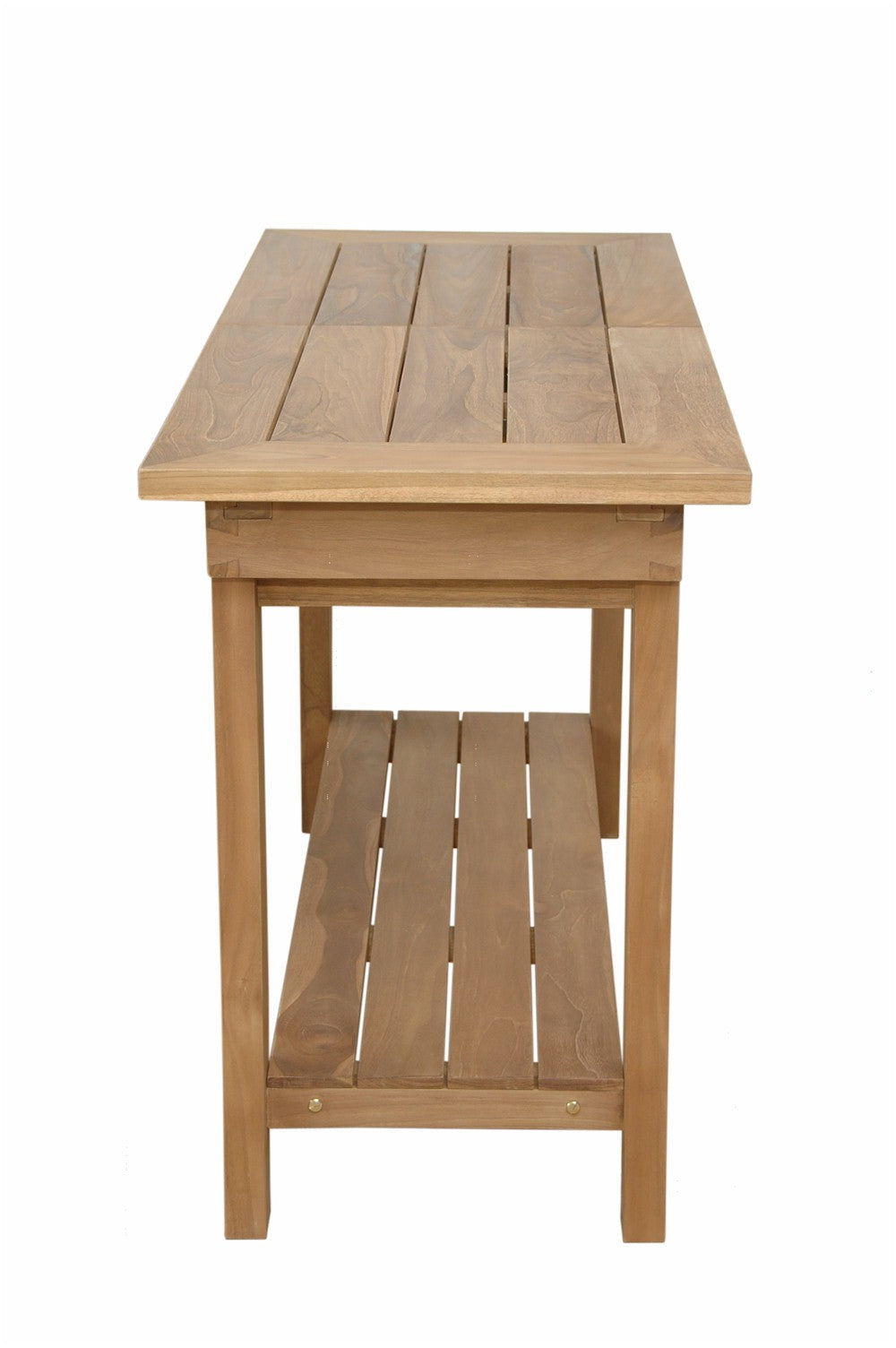 Nautilus teak beverage console, tabletop and lower shelf