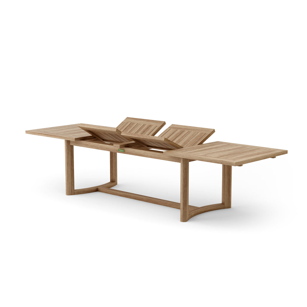 Coronado teak dining table with butterfly extension leaves shown opening.