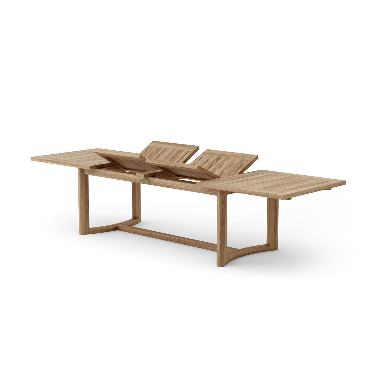 Coronado teak dining table with butterfly extension leaves shown opening.