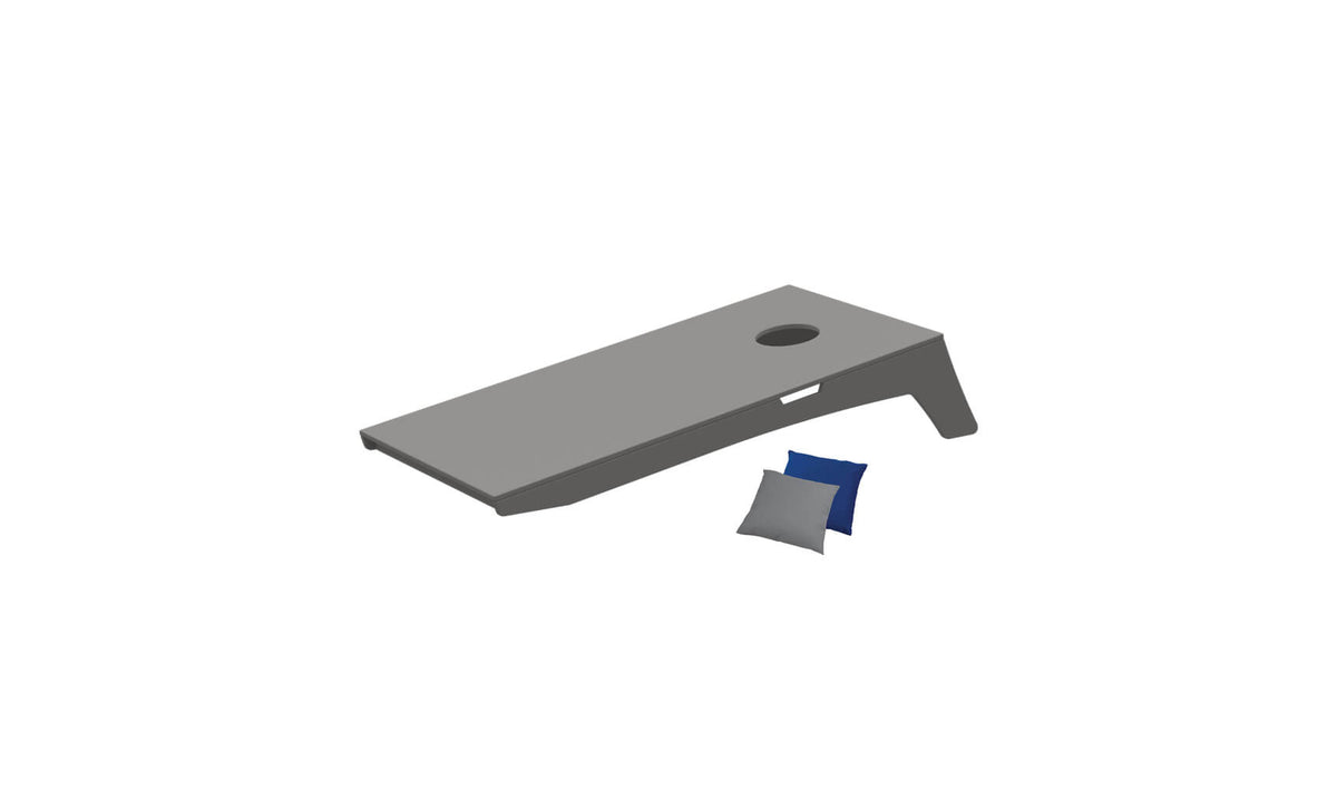 Gray portable Cornhole Toss board with Royal Blue and Gray bean bags