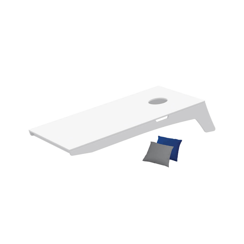 White portable Cornhole Toss board with Royal Blue and Gray bean bags; set includes two boards and eight bags
