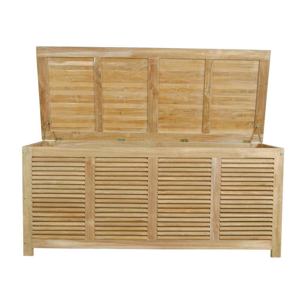 Amberly CB-001 storage box with raised lid showing hinges and lid supports
