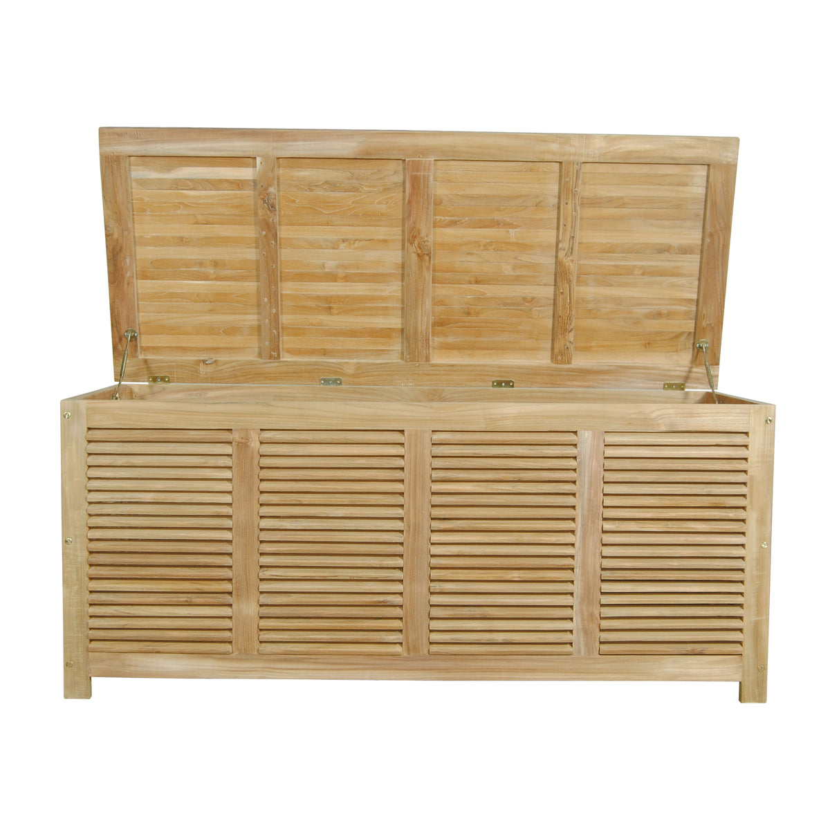 Amberly CB-001 storage box with raised lid showing hinges and lid supports