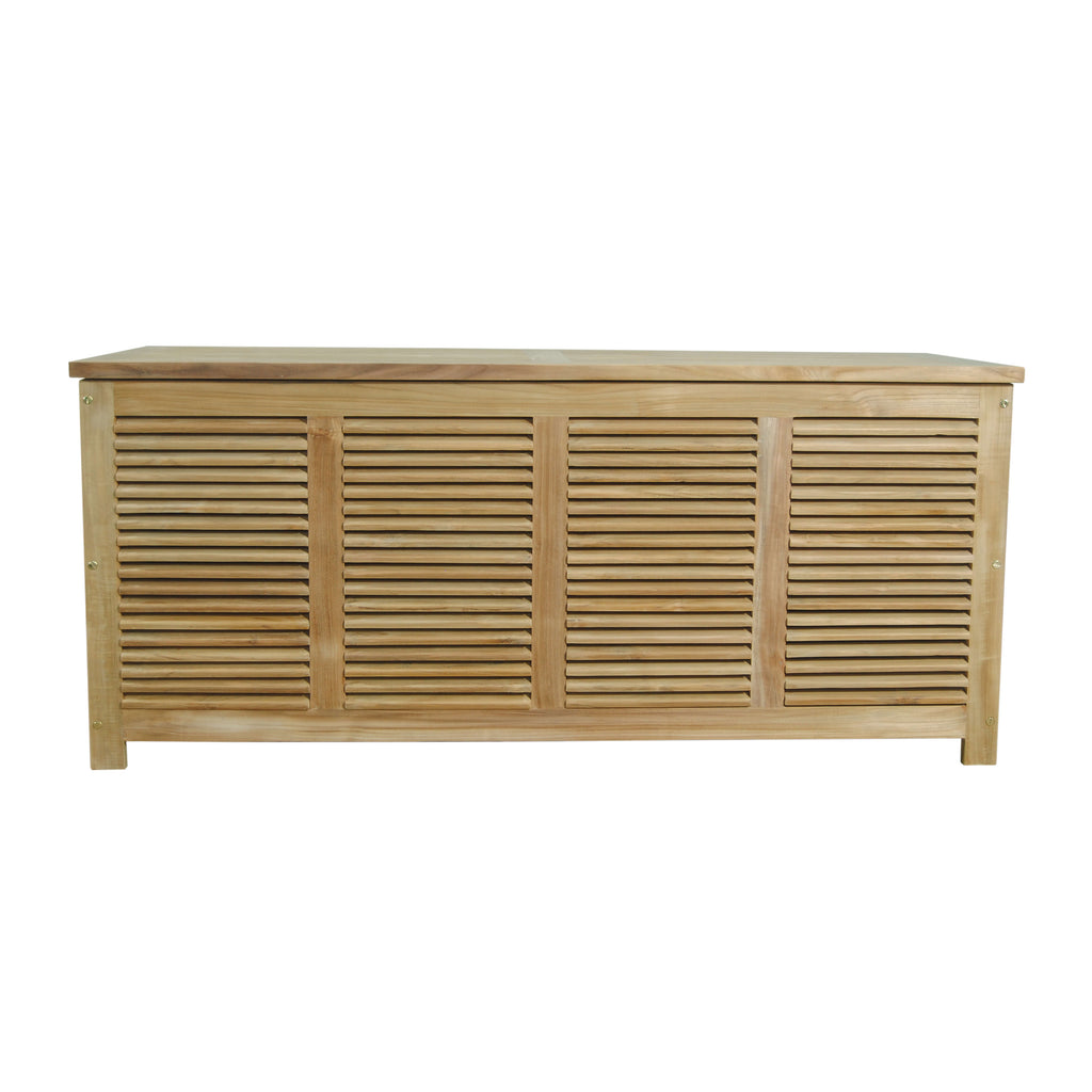 Front view of Amberly CB-001 teak storage box with four louvered panels