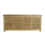 Front view of Amberly CB-001 teak storage box with four louvered panels