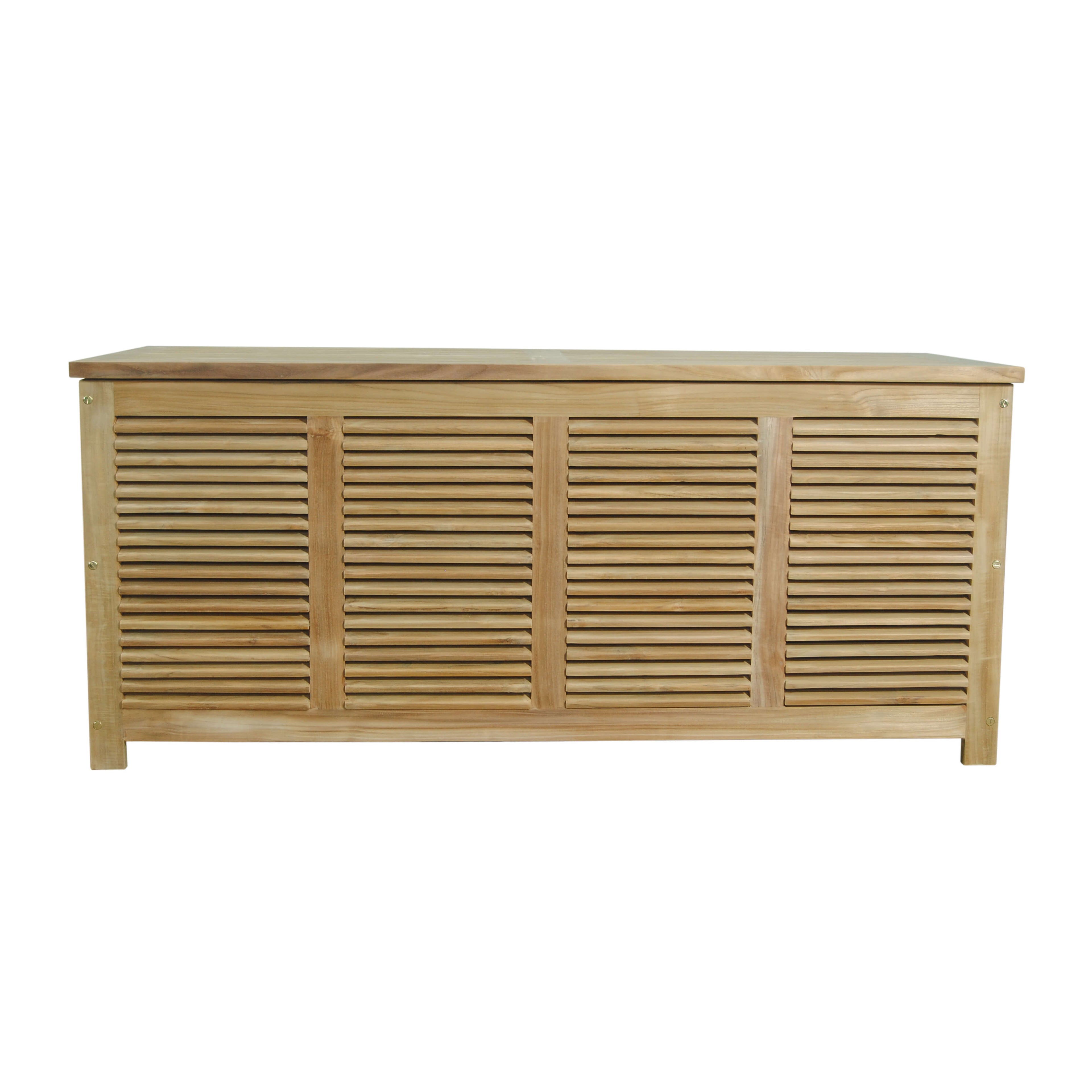 Front view of Amberly CB-001 teak storage box with four louvered panels