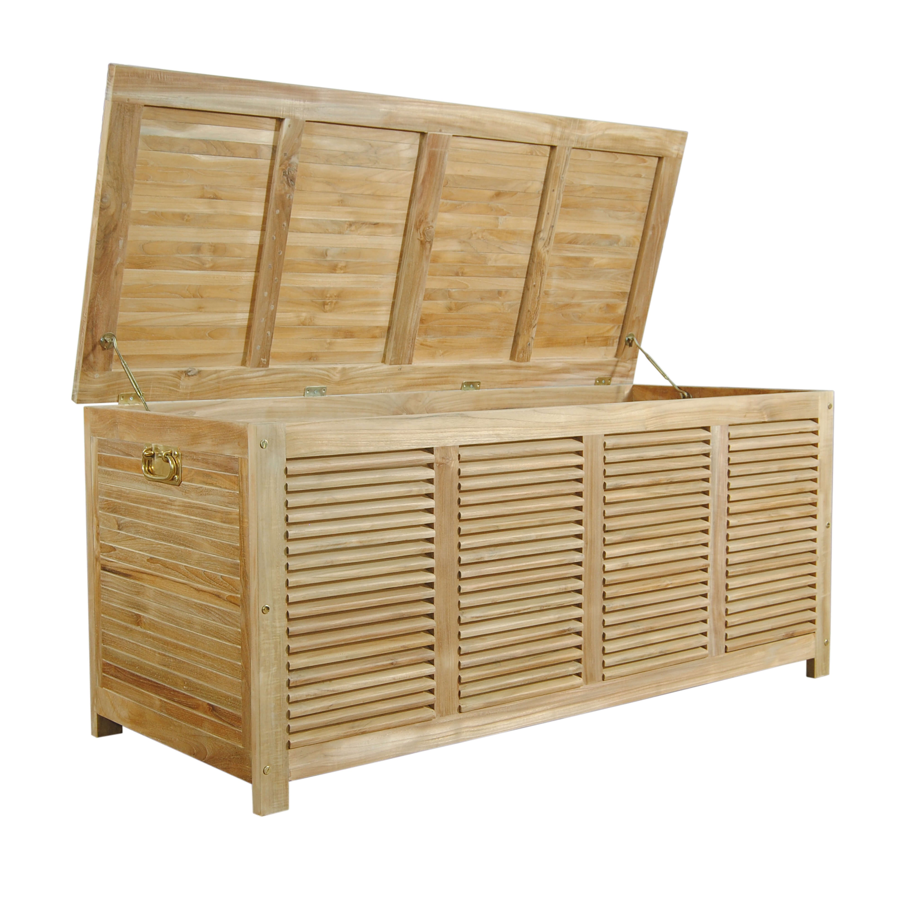 Amberly CB-001 teak storage box with lid open, showing interior and lid supports