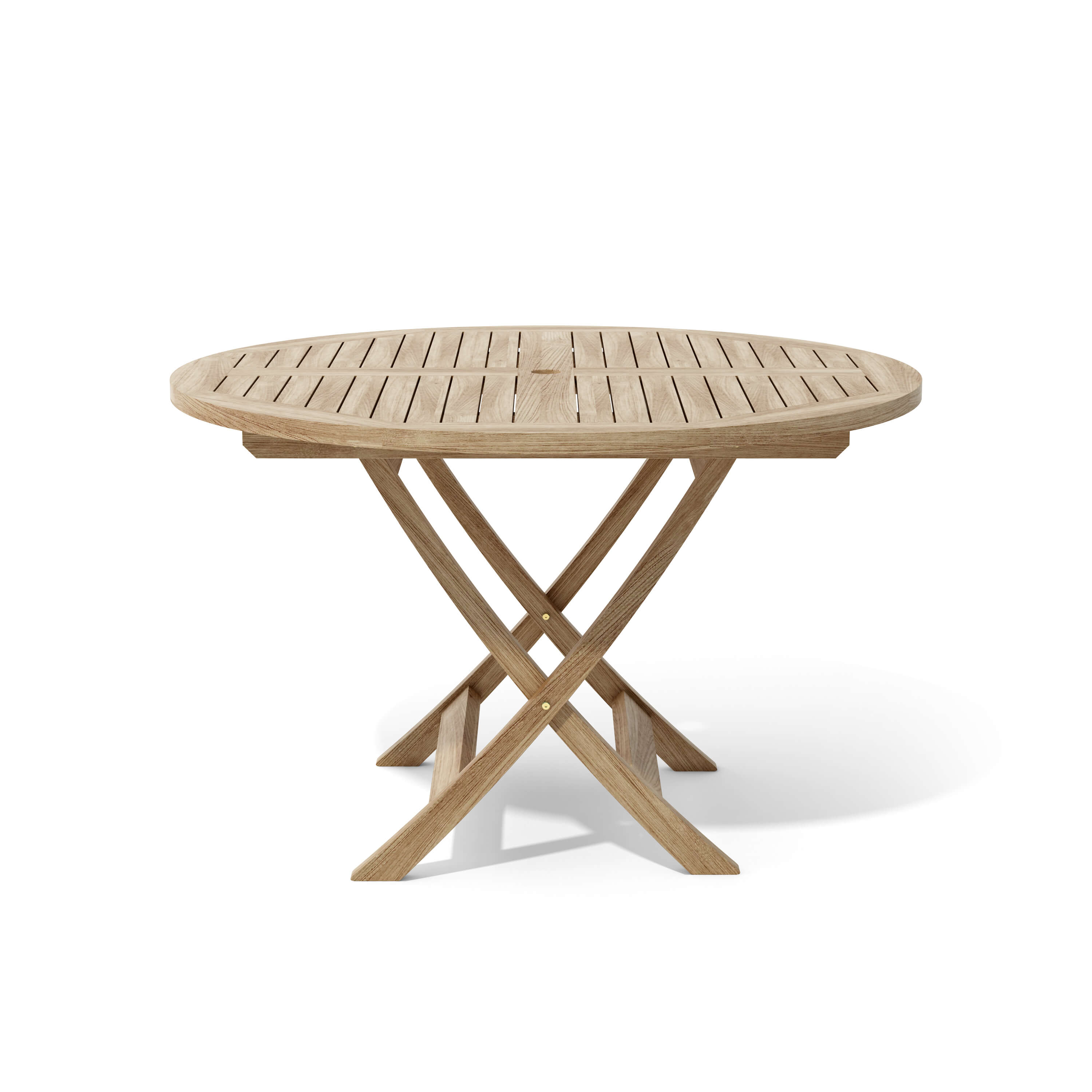 Bahama 47-inch round folding teak table in front view