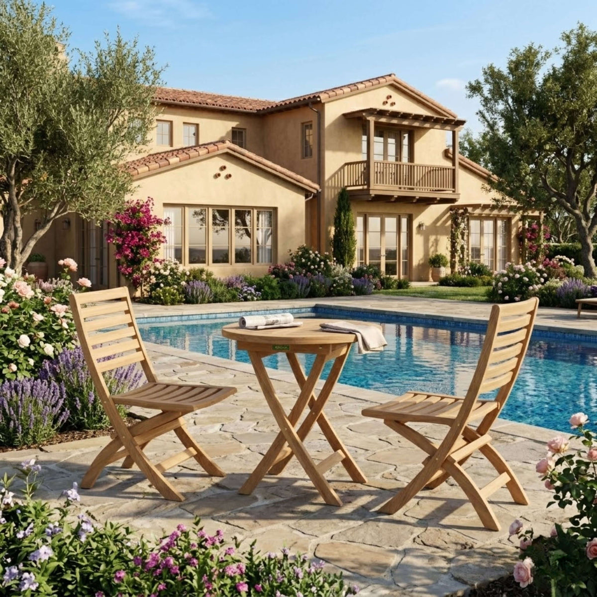 Bahama Andrew round folding teak table and two chairs on a garden pool patio