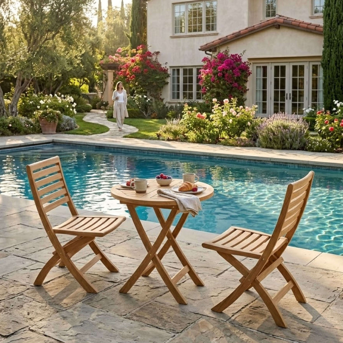Bahama Andrew teak bistro set for two with breakfast beside the pool